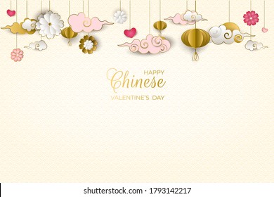Chinese Valentine's day. Card with hanging flowers, clouds, hearts, asian pattern in paper style. Qixi festival double 7th day. For greeting card, wedding invitation, banner. Vector illustration