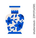 Chinese vase - modern flat design style single isolated image. Neat detailed illustration of porcelain ware of a famous dynasty, decorated with blue flower ornaments. Beware fragile glass idea
