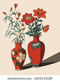 Chinese vases with flowers.Color vector illustration with bouquets of flowers in Chinese vases.