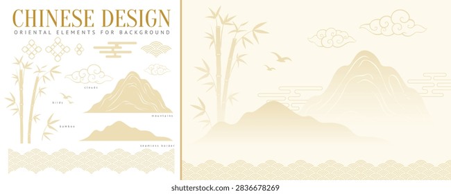 Chinese vector design. Clouds, mountains, birds and bamboo golden abstract drawings. Ancient oriental nature ornament and traditional motif. Asian, eastern graphic symbol elements and background