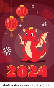 Chinese vector greeting card 2024 with cute red Chinese dragon in cartoon style