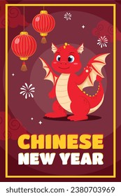 Chinese vector Chinese New Year 2024 card with cute red chinese dragon