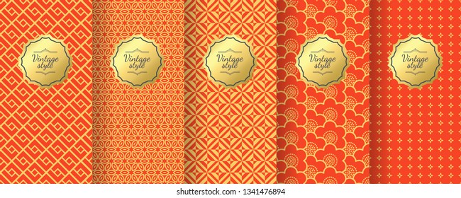 Chinese vector seamless patterns. Premium vintage backgrounds. Motifs for packaging, cosmetics, wine, chocolate, fabrics and textiles design. Abstract geometric ornament in Gold and red color.