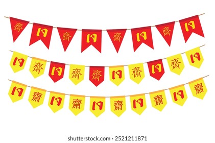 Fahne des chinesischen vegetarischen Festivals, Banner auf weißem Hintergrund. ( Der chinesische und thailändische Buchstabe ist ein gemeines vegetarisches Nahrungsfestival ). Vektorgrafik