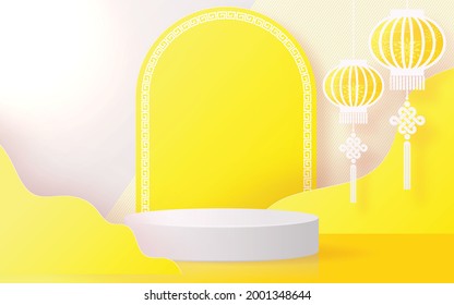 Chinese vegetarian festival, Nine Emperor Gods Festival, Kin J, vector design 3d products podium with yellow and Chinese detail elements paper cut with craft style on background color .
