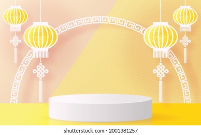 Chinese vegetarian festival, Nine Emperor Gods Festival, Kin J, vector design 3d products podium with yellow and Chinese detail elements paper cut with craft style on background color .
