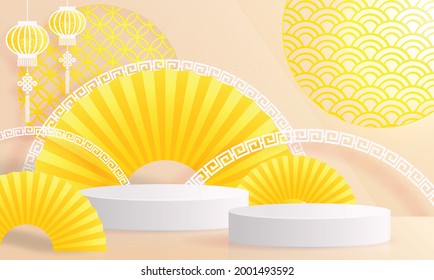 Chinese vegetarian festival, Nine Emperor Gods Festival, Kin J, vector design 3d products podium with yellow and Chinese detail elements paper cut with craft style on background color .
