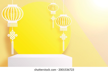 Chinese vegetarian festival, Nine Emperor Gods Festival, Kin J, vector design 3d products podium with yellow and Chinese detail elements paper cut with craft style on background color .
