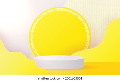 Chinese vegetarian festival, Nine Emperor Gods Festival, Kin J, vector design 3d products podium with yellow and Chinese detail elements paper cut with craft style on background color .
