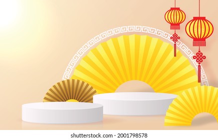 Chinese vegetarian festival, Nine Emperor Gods Festival, Kin J, vector design 3d products podium with yellow and Chinese detail elements paper cut with craft style on background color .
