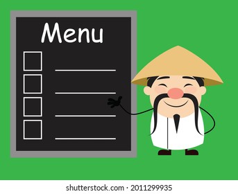 Chinese Vendor Showing Menu Board Flat Vector Cartoon Illustration
