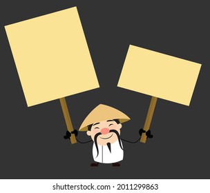 Chinese Vendor With Two Banner Flat Vector Cartoon Illustration 