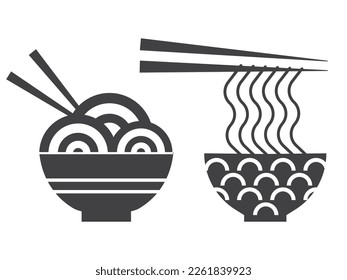 Chinese and vietnamese noddles with chopsticks. Asian noodle soup bowl outline icon.