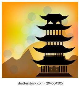 Chinese village on the lake with pagoda and sun. Character happiness