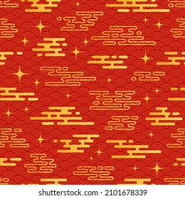 Chinese vintage cloud seamless pattern. Red background with golden sky and stars. Traditional oriental ornament. Vector illustration.