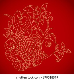 Chinese Vintage Fish Elements on classic red background