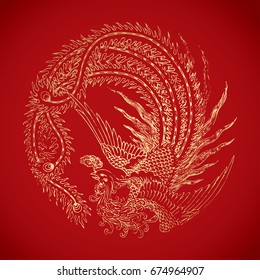 chinese vintage Phoenix elements on classic red background