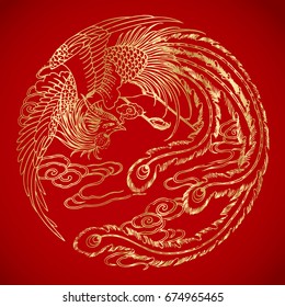 Chinese vintage Phoenix elements on classic red background