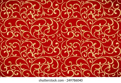 Chinese vintage seamless leaves pattern, the pattern is golden and on red background