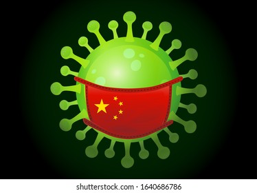 Chinese virus with red medical mask flat illustration. Wuhan flu prevention icon. Green bacteria cell with protective mask isolated on black background. Healthcare system preventive measures concept