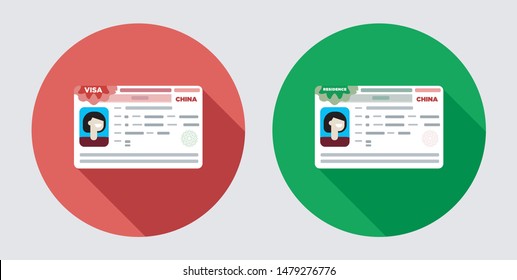 Chinese VISA and residence permit flat icons with long shadow