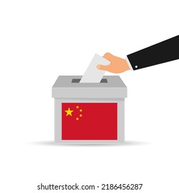 Chinese voting concept. Hand putting paper in the ballot box. China flag, Isolated vector illustration.