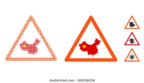 Chinese warning halftone vector icon and solid version. Illustration style is dotted iconic Chinese warning icon symbol on a white background. Halftone matrix is circle elements.