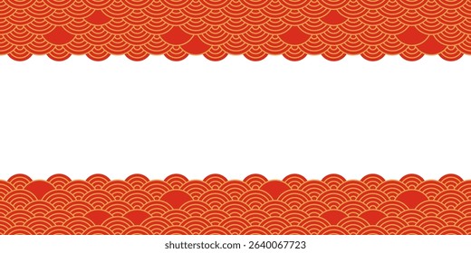 Chinese wave border, Japanese motif frame, China red and gold pattern, oriental tradition background style, Asian wavy bg. Geometric Korean scallop print. Seigaiha cloud ornament. Vector illustration