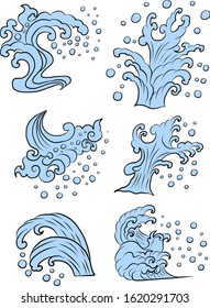 Chinese wave and clouds.Japanese wave for tattoo design.Wave vector illustration for doodle art on white isolated background.water splash vector set.