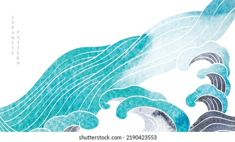  Chinese wave decorations with blue watercolor texture in vintage style. Abstract art landscape with ocean sea with hand drawn line elements