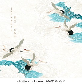 Decoraciones de onda china con pájaros grulla y fondo de flores de peonía en estilo vintage. Fondo japonés con Vector de textura de acuarela azul. Fondo de pantalla de diseño de Anuncio de arte oriental.