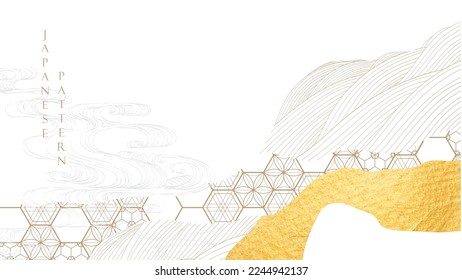 Chinese wave decorations with gold watercolor texture in vintage style. Abstract art landscape with mountain and hand drawn line with geometric pattern elements