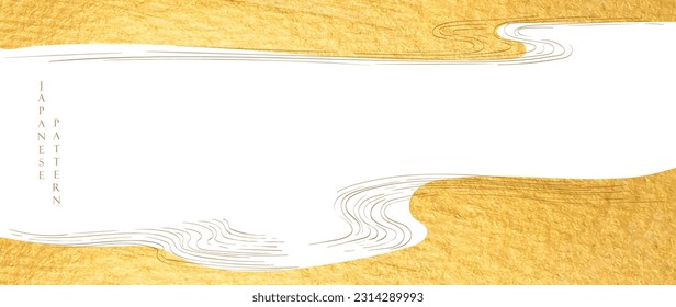 Chinese wave decorations with gold watercolor texture in vintage style. Abstract art landscape ocean sea with hand drawn line elements