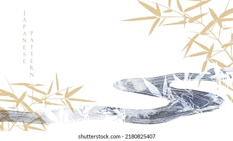 Chinese wave decorations with grey watercolor texture in vintage style. Abstract art landscape with bamboo leaves branch with hand drawn line elements