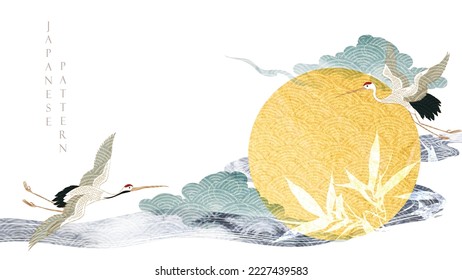 Chinese wave decorations with grey watercolor texture in vintage style. Abstract art landscape with bamboo leaves branch with hand drawn line elements