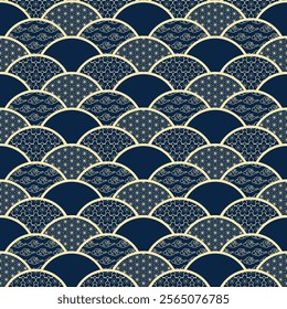 Chinese wave seamless pattern. Oriental ornament decor in dark blue and gold color tone. Vector design for background, wallpaper, wrapping paper, carpet, textile, fabric, backdrop, woven.