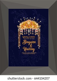 Chinese Wedding card  with  pearl and golden crown can be used as invitation card, tree background. Vector illustration.