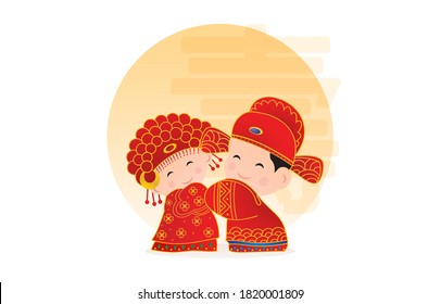 Chinese wedding couple  Chinese wedding cartoon  Traditional Chinese Wedding Chinese bride   groom cartoon wedding in traditional red dress holding hands   greeting for chinese new year collection