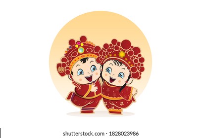 Chinese wedding couple, Chinese wedding cartoon, Traditional Chinese Wedding,Chinese bride and groom cartoon wedding in traditional red dress holding hands and greeting for chinese new year collection