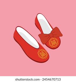 Chinese wedding couple  shoes with calligraphy 囍 (shuang xi) meaning is double happiness. The Double Happiness symbol has traditionally been associated with marriage. Eps 10.