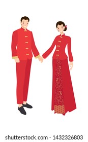 Chinese wedding couple in traditional red dress holding hands eps10 vectors illustration