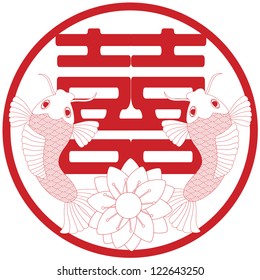 Texto de felicidad doble de Boda china y par de peces con ilustración de arte de línea de flor de loto aislado en Vector de fondo blanco