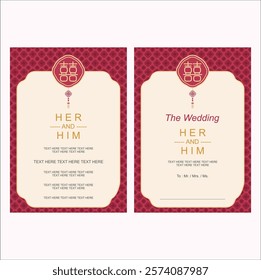 Chinese wedding invitation with calligraphy 囍 (shuang xi) meaning is double happiness. The Double Happiness symbol has traditionally been associated with marriage. Eps 10.
