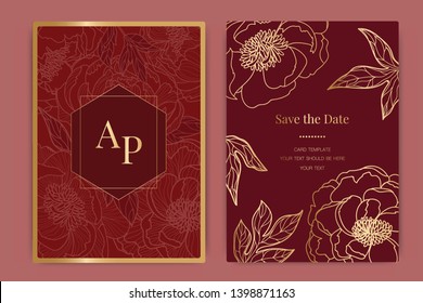 Chinese Wedding Invitation, floral invite thank you, rsvp modern card Design in Golden and Red Peony with leaf greenery  branches decorative Vector elegant rustic template