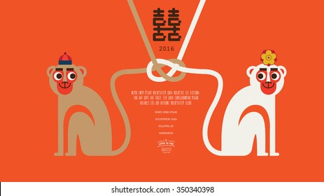 Chinese wedding invitation/ Chinese Tradition/ when 2 become 1/ Monkey love/ Happy together/ tie a knot/ Love is the message/ Year of monkey 2016