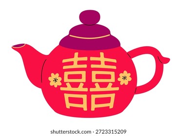 Bule de Casamento Chinês. Ilustração de Vetor Plano com Símbolo de Felicidade Dupla. A tradição da cerimônia do chá.