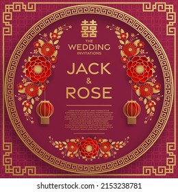 Chinese wedding traditional card with red and gold background  (Translation :double happiness)