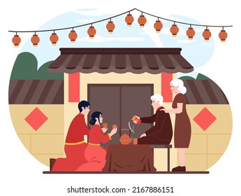 Chinese wedding traditional ceremony. Bride and groom in bright red traditional clothes performing marriage rituals and ceremony. Flat vector illustration