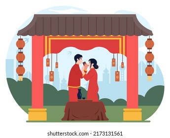 Chinese wedding traditional ceremony. Bride and groom in bright red traditional clothes performing marriage rituals and ceremony. Flat vector illustration