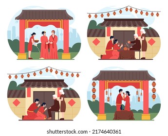 Ceremonia tradicional de boda china. Novia y novio con ropa de colores brillantes rojos tradicionales que realizan rituales de matrimonio y ceremonia. Ilustración vectorial plana